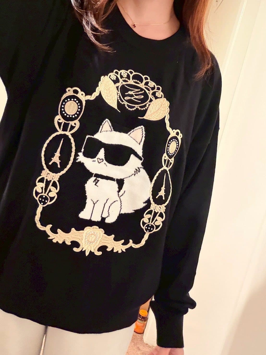 Karl Lagerfeld 黑色 Choupette 貓咪刺繡針織衫 XL